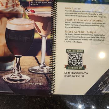 Bennigan's - Menu - The right page lists three drinks: Irish Coffee, Death By Chocolate Martini, and Salted Caramel Delight, with descriptions. The left page shows images of Irish coffee and chocolate drinks. - American Near Me - Borger, Texas