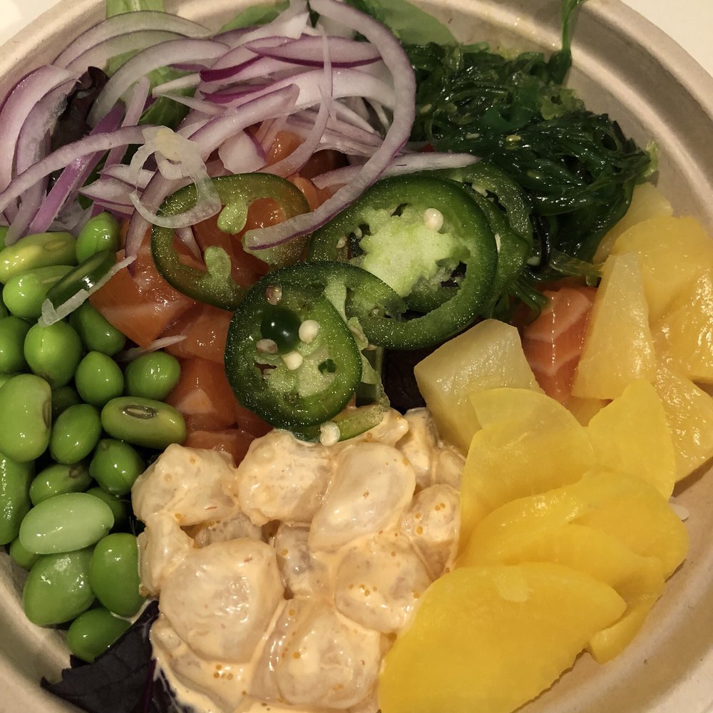 Poke Hut - Naked salmon, spicy scallops, half rice, half spring mix, jalapeño, pickled radish, red onion, edamame, seaweed salad, pineapple - Poke Near Me - Cincinnati, Ohio Poke Hut - Naked salmon, spicy scallops, half rice, half spring mix, jalapeño, pickled radish, red onion, edamame, seaweed salad, pineapple - Poke Near Me - Cincinnati, Ohio