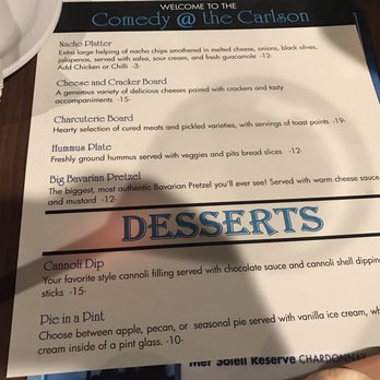 Comedy @ The Carlson - This is their full menu. Small I know, however the service was fantastic. - Comedy Clubs Near Me - Rochester, New York