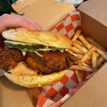 Little Lou's Hot Chicken - Chicken Sandwich (medium sauce) and Fries - Chicken Shop Near Me - Berkley, Michigan