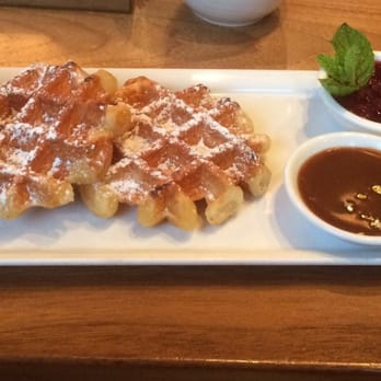 Chambar - Waffles with Salted Caramel, Chocolate, and Mixed Berry Compote - Belgian Near Me - Vancouver, British Columbia