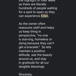 A screenshot of a digital message or email displaying text that references Eden Hand Arts. The message discusses the importance of positive experiences, gratitude, and the role of staff at Eden Hand Arts. The text includes the word 'Eden' multiple times, highlighting the business name, and is formatted with a dark background and white text, with some words highlighted in a different color.