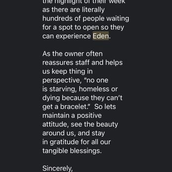 Eden - A screenshot of a digital message or email displaying text that references Eden Hand Arts. The message discusses the importance of positive experiences, gratitude, and the role of staff at Eden Hand Arts. The text includes the word 'Eden' multiple times, highlighting the business name, and is formatted with a dark background and white text, with some words highlighted in a different color. - Jewelry Near Me - Dennis, Massachusetts