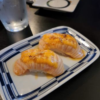 One Piece Sushi - Close up on the seared salmon... this is the must get - Japanese Near Me - Millbrae, California