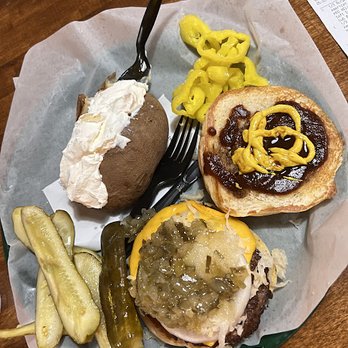 WW Cousins Restaurant - 1/3 pound burger with cheddar, baked potato, pickles - American Near Me - Louisville, Kentucky WW Cousins Restaurant - 1/3 pound burger with cheddar, baked potato, pickles - American Near Me - Louisville, Kentucky