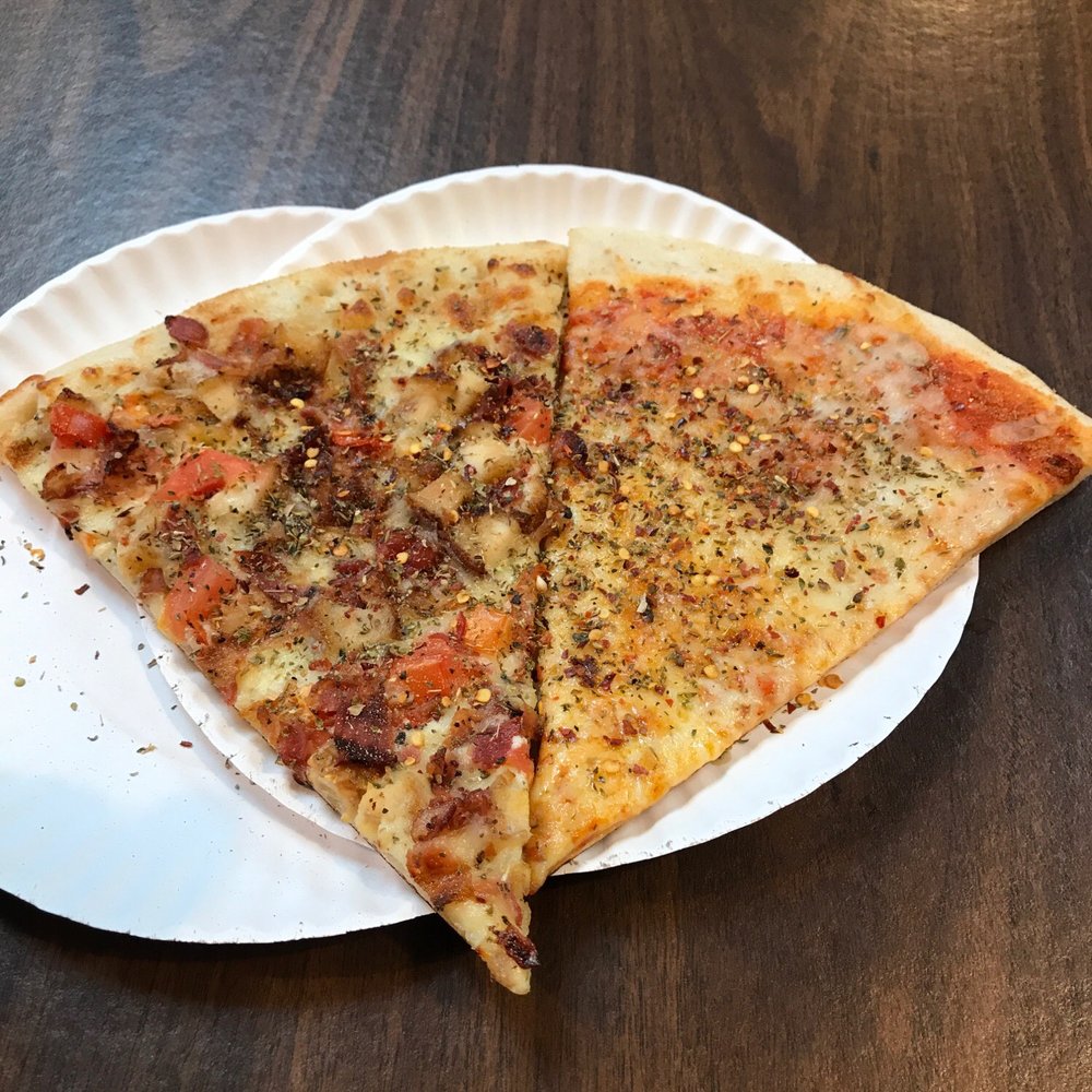 One pizza with chicken and bacon and a regular slice One pizza with chicken and bacon and a regular slice