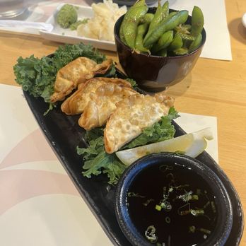 Dojo Sushi - Fried 4pc. Chicken Gyoza with dipping sauce. Edamame on the side. - Sushi Bars Near Me - Los Angeles, California Dojo Sushi - Fried 4pc. Chicken Gyoza with dipping sauce. Edamame on the side. - Sushi Bars Near Me - Los Angeles, California