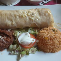 La Hacienda - Chicken chimichanga, refried beans, rice.