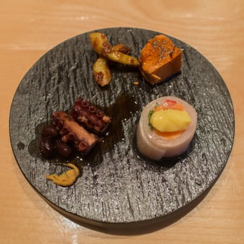 Sushi Yoshizumi - Octopus, Celery, Monkfish Liver and Salmon Appetizers - Sushi Bars Near Me - San Mateo, California Sushi Yoshizumi - Octopus, Celery, Monkfish Liver and Salmon Appetizers - Sushi Bars Near Me - San Mateo, California