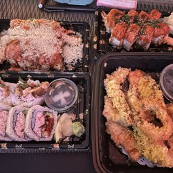 Anaba - Spider roll (bottom left), seafood tempura (bottom right)