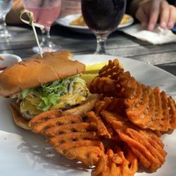 Smash burger with cheese, sweet potato waffle fries; soda and lemonade.