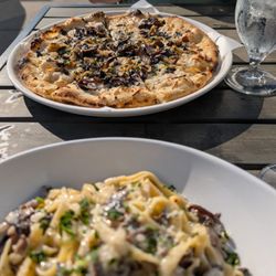 Olivia's Bistro - Vegan mushroom pizza and mushroom tagliatelle