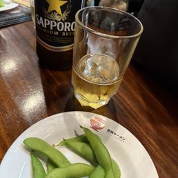 Edamame and a cold Sapporo