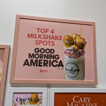 Andia's Ice Cream - Andia's was one of Good Morning America's top 4 milkshake spots in 2022. - Ice Cream & Frozen Yogurt Near Me - Cary, North Carolina Andia's Ice Cream - Andia's was one of Good Morning America's top 4 milkshake spots in 2022. - Ice Cream & Frozen Yogurt Near Me - Cary, North Carolina