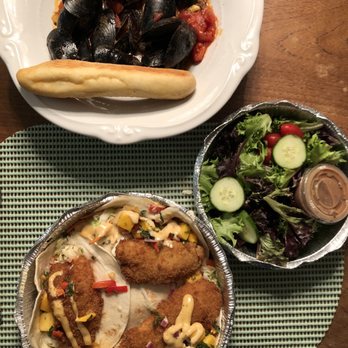 Kubel's - Mussels Fra Diavolo (top), grouper tacos (bottom) with side salad - Seafood Near Me - Barnegat Light, New Jersey Kubel's - Mussels Fra Diavolo (top), grouper tacos (bottom) with side salad - Seafood Near Me - Barnegat Light, New Jersey