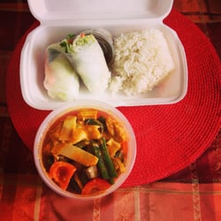 Talay Thai - Red curry chicken with fresh spring roll and rice :)