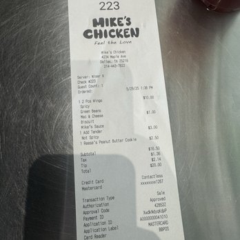 Mike's Chicken - Receipt - Chicken Shop Near Me - Dallas, Texas Mike's Chicken - Receipt - Chicken Shop Near Me - Dallas, Texas