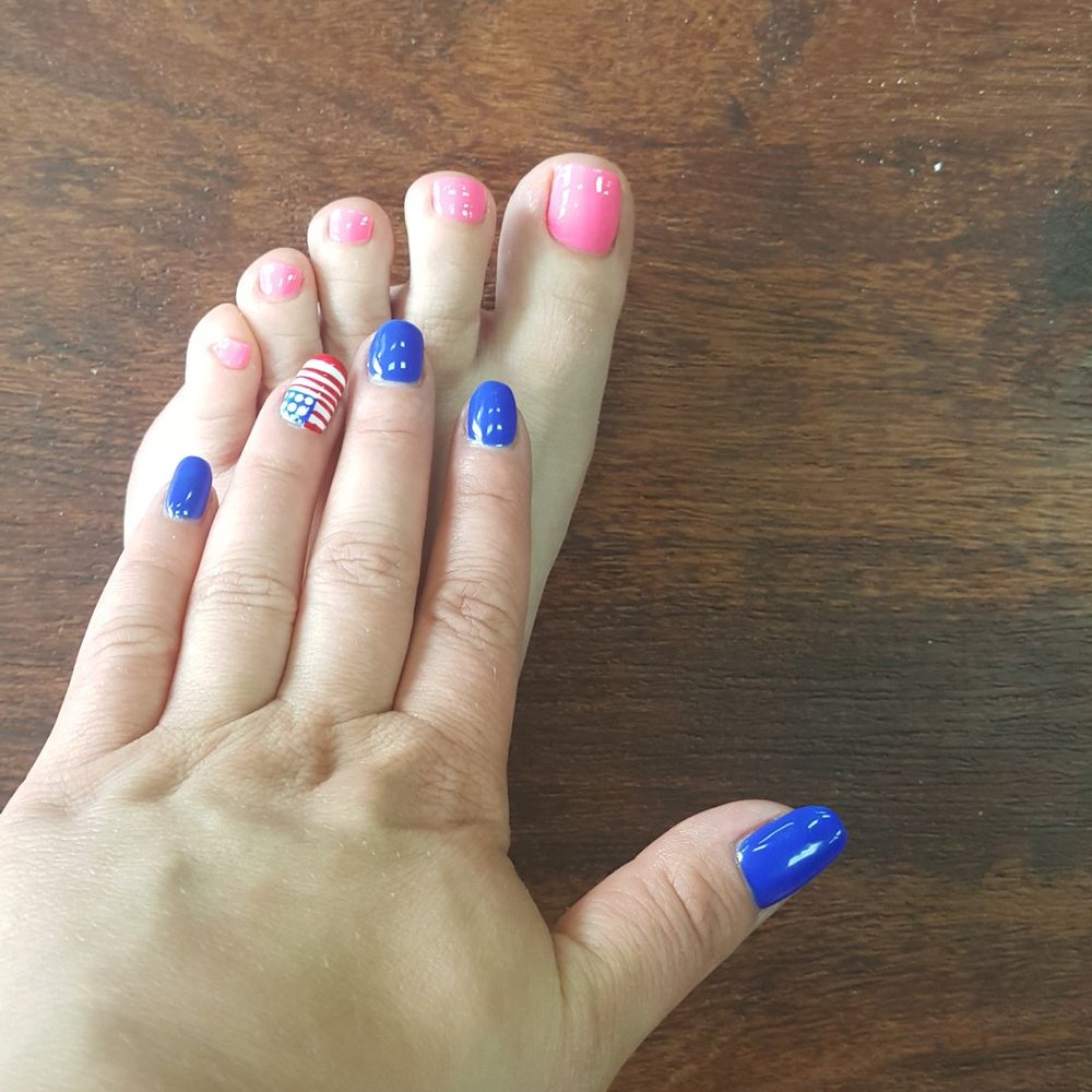 Julie's Nails - Toenails nike pink and fingernails are blue with one flag nail Turned out great for the 4th of july - Nail Salons Near Me - Tacoma, Washington Julie's Nails - Toenails nike pink and fingernails are blue with one flag nail Turned out great for the 4th of july - Nail Salons Near Me - Tacoma, Washington