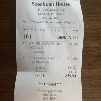 Szechuan House - Receipt - Szechuan Near Me - Midland, Texas Szechuan House - Receipt - Szechuan Near Me - Midland, Texas