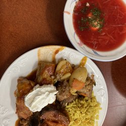 Little Brooklyn Food House - Lunch, Bosch and stuffed cabbage rolls, stew, egg plant with tomatoes and and onions, and rice!