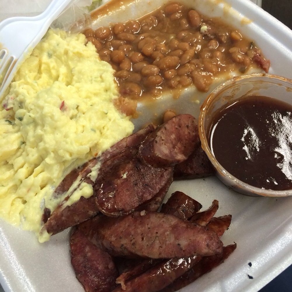 R & K Barbecue - Link plate with potato salad and beans-- super good - Barbeque Near Me - Houston, Texas R & K Barbecue - Link plate with potato salad and beans-- super good - Barbeque Near Me - Houston, Texas