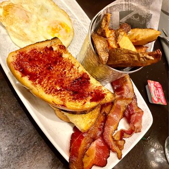 Puyalapabs Cafe - The classic bacon/eggs/toast/potato breakfast $13, sub'd wedge Jo's in place of hash browns. Good but eggs overcooked. - Cafes Near Me - Tacoma, Washington