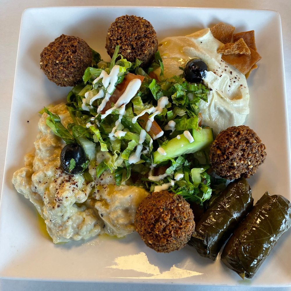 The Kabob House - Vegetarian platter with a few grape leaves from the appetizer - Middle Eastern Near Me - Salina, New York