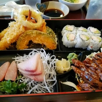 Sushi Raku - Combo box. Great portions, but--- you see those two pieces of sashimi on the left, those 2 were NOT fresh. - Japanese Near Me - Concord, California