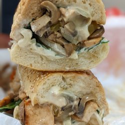 DiBella's Subs - Chicken Philly with mayo, spinach, onion, pickle chips, pepper, grilled onion, pepper and mushrooms, plus grilled chicken and American.
