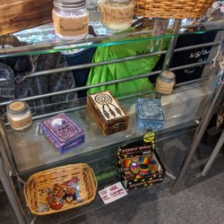 Rock Soul Love - They have crystals, loose or bracelets or chunks. They have candles or spell ingredients, tarot cards, clothing, bags, makeup, Burt's bees.