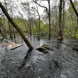 Carolina Heritage Outfitters - Fire pit and hammock underwater. Current rushing in.