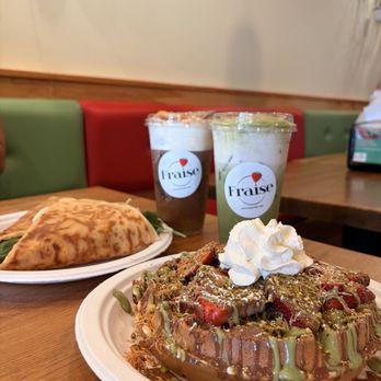 Fraise Cafe - Iced Matcha Green Tea Latte, salted caramel latte, CYO (Create Your Own Savory Crepe), dubai chocolate waffle - Creperies Near Me - Fullerton, California
