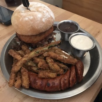 HQ BBQ - Brisket sandwich with andouille sausage - Barbeque Near Me - Evansville, Wyoming HQ BBQ - Brisket sandwich with andouille sausage - Barbeque Near Me - Evansville, Wyoming