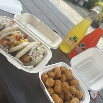 Suns Out Buns Out - Bao Bun Trio's and Truffle Tater TOTs with a Pineapple and fruit punch Jarritos - Food Trucks Near Me - Kihei, Hawaii