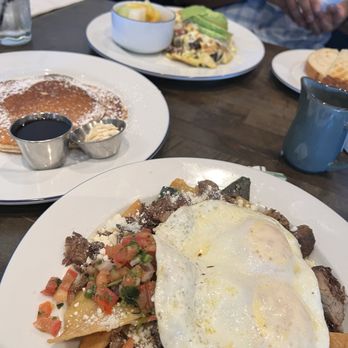 Cattle Ranch Cafe - Chilequiles with beef (sorry if spelled wrong and don't remember exact name of plate), 2 stack pancakes, and meat-lovers omelette - Breakfast & Brunch Near Me - Chino, California