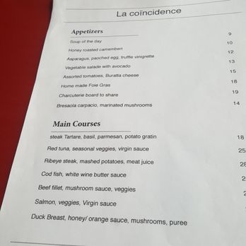 La Coïncidence - The English version of the menu...some translation issues - French Near Me - Paris, 75