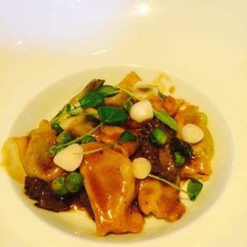 Bourbon Steak - Pea agnolotti w morel mushrooms, asparagus, Meyer lemon - Steakhouses Near Me - Glendale, California