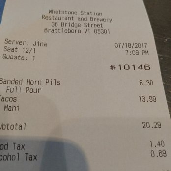 Whetstone Beer - note the difference in price for the beer as posted - 10% tax - but then they add another line item for alcoholic tax- double taxation! - Breweries Near Me - Brattleboro, Vermont