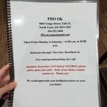 PHO OK - Menu (Nov 2019) - Vietnamese Near Me - Toronto, Ontario