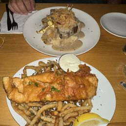 Fish n chips with duck fat fries and sage gravy meatloaf dinner