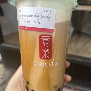 Gong Cha - Milk Foam Dirty Brown Sugar Milk Tea w/Pearls (medium, 70% sweetness, no ice) - Bubble Tea Near Me - New York, New York Gong Cha - Milk Foam Dirty Brown Sugar Milk Tea w/Pearls (medium, 70% sweetness, no ice) - Bubble Tea Near Me - New York, New York