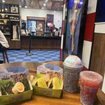 One Piece Cafe - Kimchi spam onigiri, spicy tuna onigiri, jinbe slush, and chopper cotton candy lemonade - Themed Cafes Near Me - Los Angeles, California
