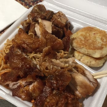 Maruki Tei - Okazu mix plate lunch: chow mien, sesame chicken, hash brown, and sweet and sour pork - Hawaiian Near Me - Kaneohe, Hawaii