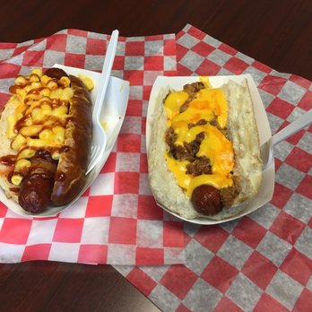 Hott Dawgz - Huge dogs! 'Courtney' on left is bacon wrapped with mac. 'Al's' is on right with pulled pork a cheese - Food Trucks Near Me Hott Dawgz - Huge dogs! 'Courtney' on left is bacon wrapped with mac. 'Al's' is on right with pulled pork a cheese - Food Trucks Near Me