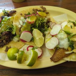 El Mariachi - Left, Mexican beef tongue taco, middle Mexican beef taco, right fish taco