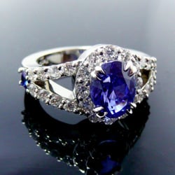 The Vermont Gem Lab - Platinum, sapphire, diamond, halo, by-pass ring