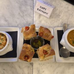 Focaccia, French onion soup, lobster bisque