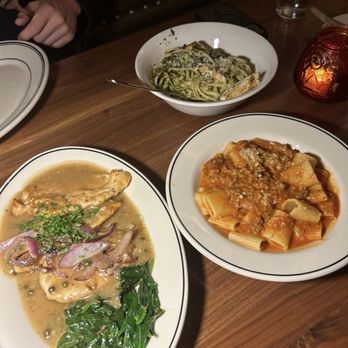 Salvatore Scallopini - Chicken picatta (left), pesto (back), bolognese (right front) - Italian Near Me - Birmingham, Michigan Salvatore Scallopini - Chicken picatta (left), pesto (back), bolognese (right front) - Italian Near Me - Birmingham, Michigan