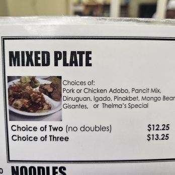 Thelma's Restaurant - Updated prices for the mixed plate... still cheap! - Filipino Near Me - Waipahu, Hawaii Thelma's Restaurant - Updated prices for the mixed plate... still cheap! - Filipino Near Me - Waipahu, Hawaii
