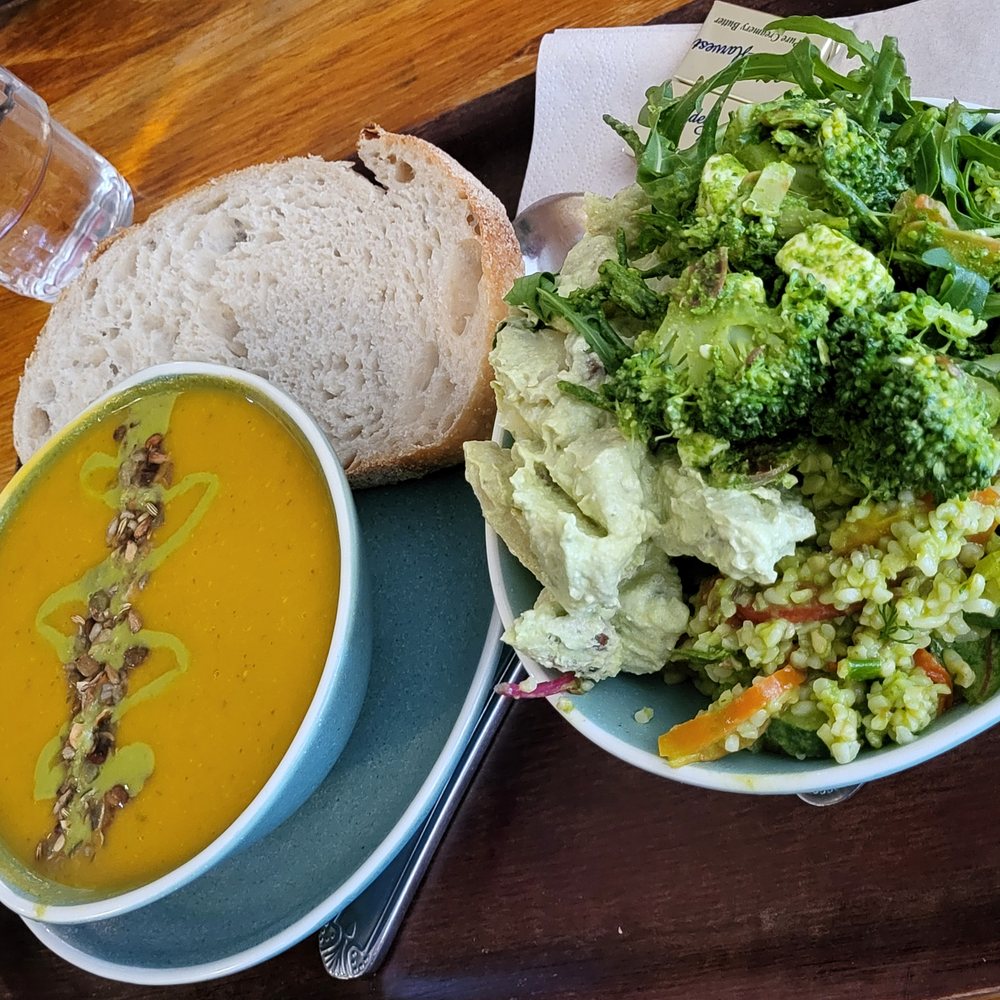 Cornucopia - Curried Squash and Coconut Soup, Salads (broccoli and feta, bulgur tabbouleh, baby potato) - Vegan Near Me - Dublin, D